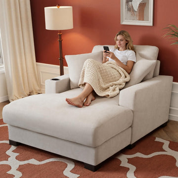 60" Oversized Chaise Lounge Chair Indoor with Adjustable Backrest & Charging Port, Wood Frame Chenille Comfy Reading