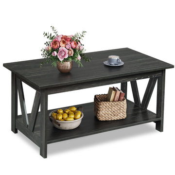 39.4" Farmhouse Coffee Table, Wood Center Table Storage Charcoal Black