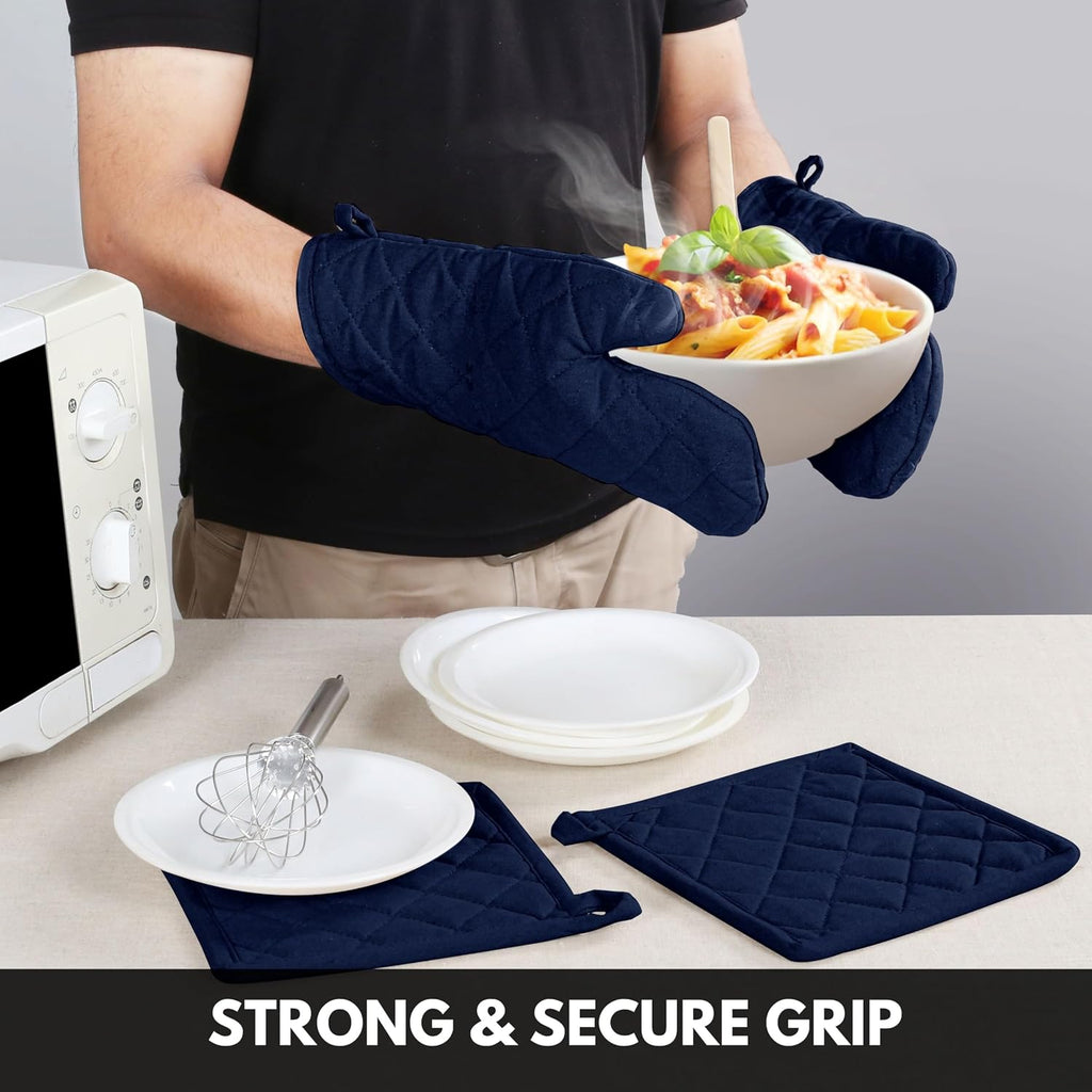 Oven Mitt (7"x13") & Pot Holder (8"x8") 100% Cotton Set of Heat Resistant Oven Gloves & Hot Pads for Gifts, BBQ