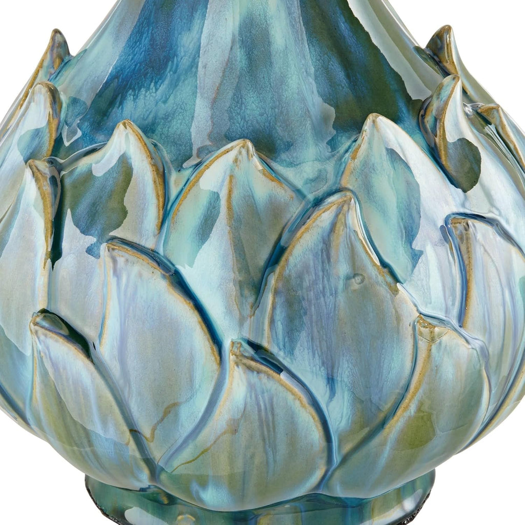 Euro Design Kenya Modern Tropical Table Lamp with USB Dimmer 29 1/2" Tall Blue Green Glaze Ceramic Beige Linen Drum