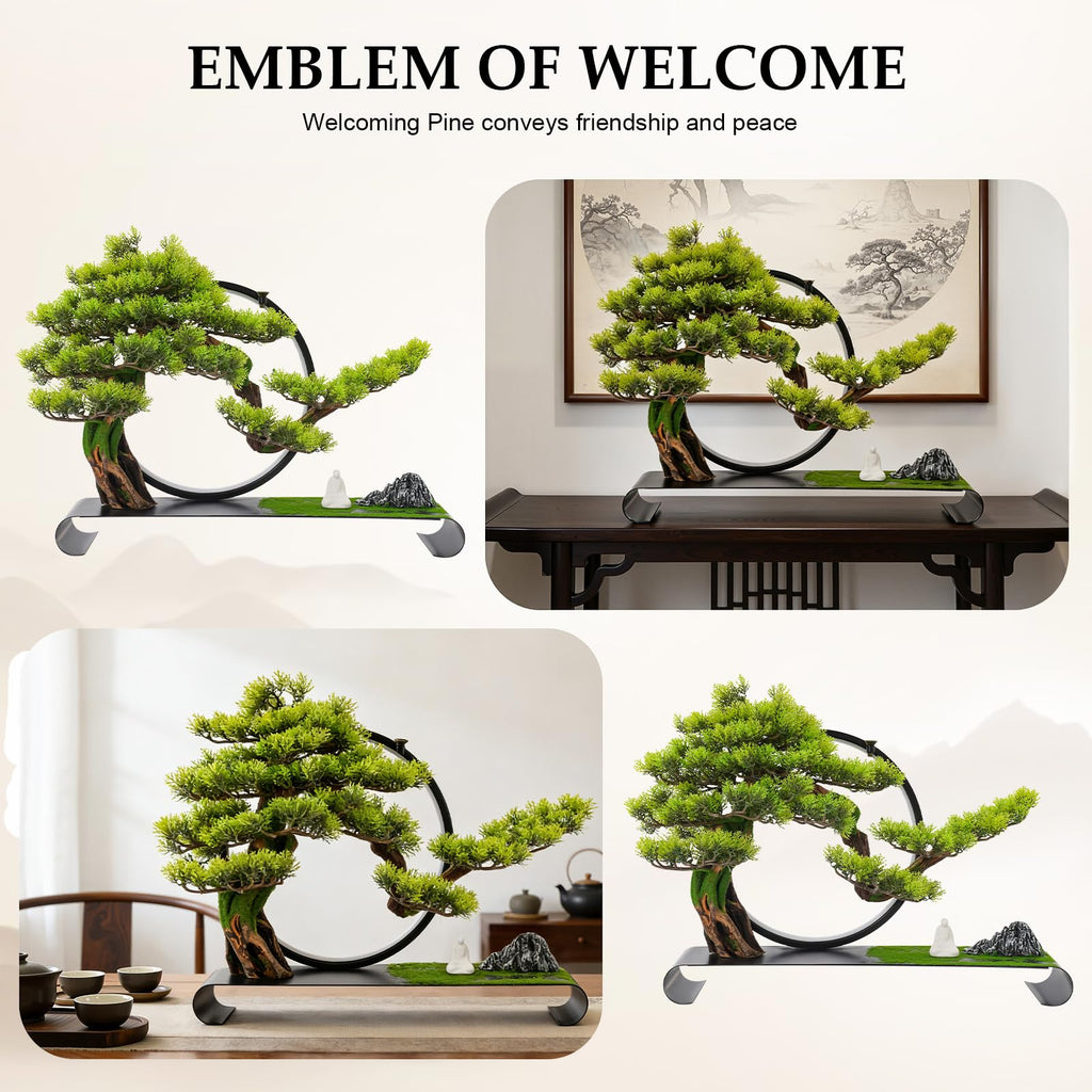 Zen Artificial Bonsai Tree with Adjustable LED Light Ring, Realistic Simulation Welcome Pine with Buddha Statue