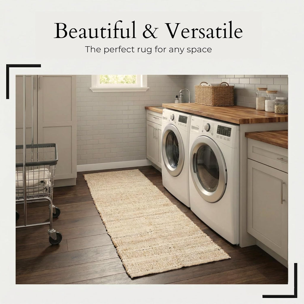 Jute-Cotton Rug 2x6 - Luxurious Natural Hallway Runner with Non-Slip Backing, Low-Profile Kitchen Ru