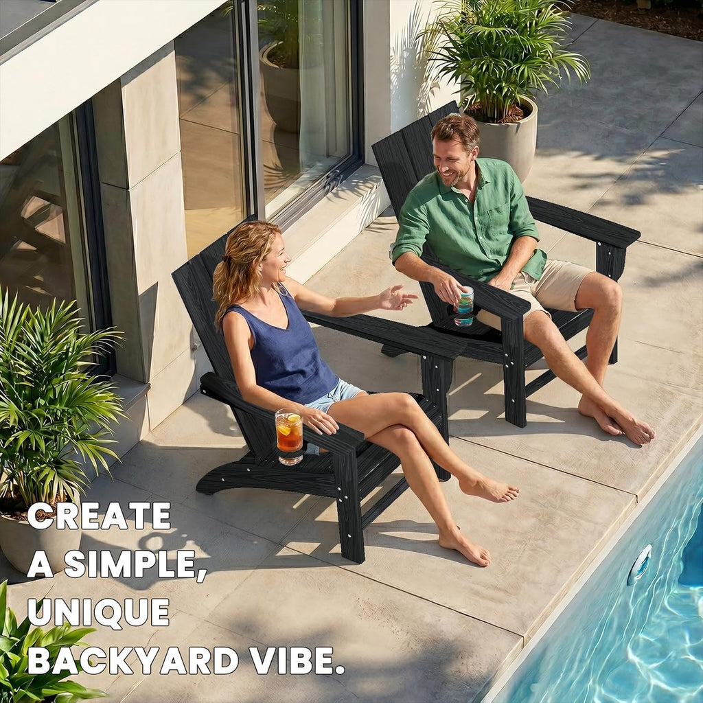 Modern Adirondack Chair with Cup Holder, HDPE Plastic Patio Chairs | Wood Texture Outdoor Chairs, Lawn Chairs for