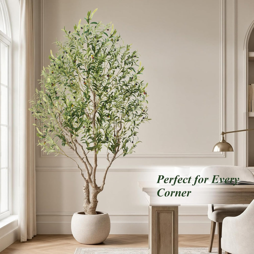8ft Faux Olive Tree - Large Artificial Olive Tree with Realistic 1750 Leaves and 145 Olives - Lush and Elegant Fake