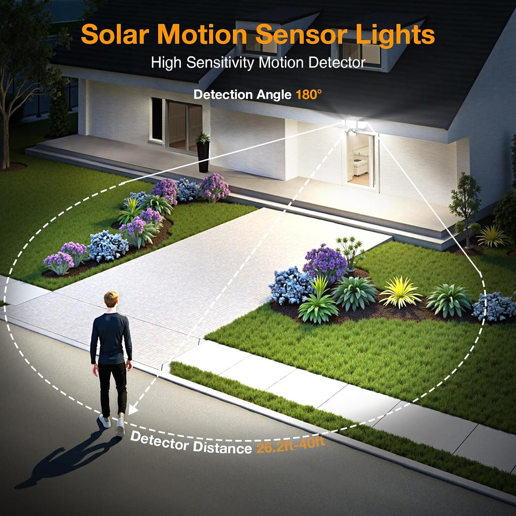 3000LM Solar Lights Outdoor, 4 Heads Solar Security Lights with Remote Control, 180 LEDs IP65 Waterproof Motion