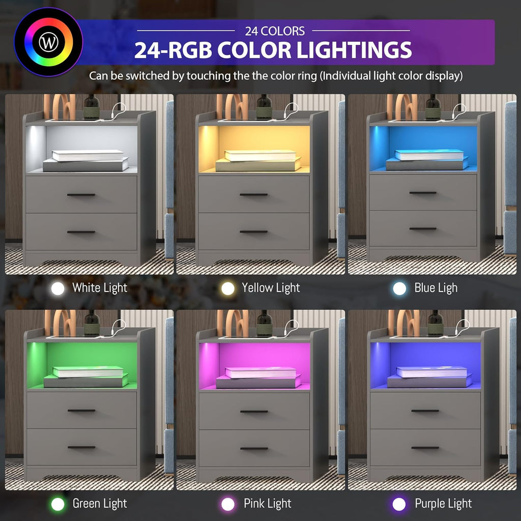 Grey Night Stand with Wireless Charging Station, Nightstand with 2 Drawers, Smart Bedside Table with 24-Color RGB