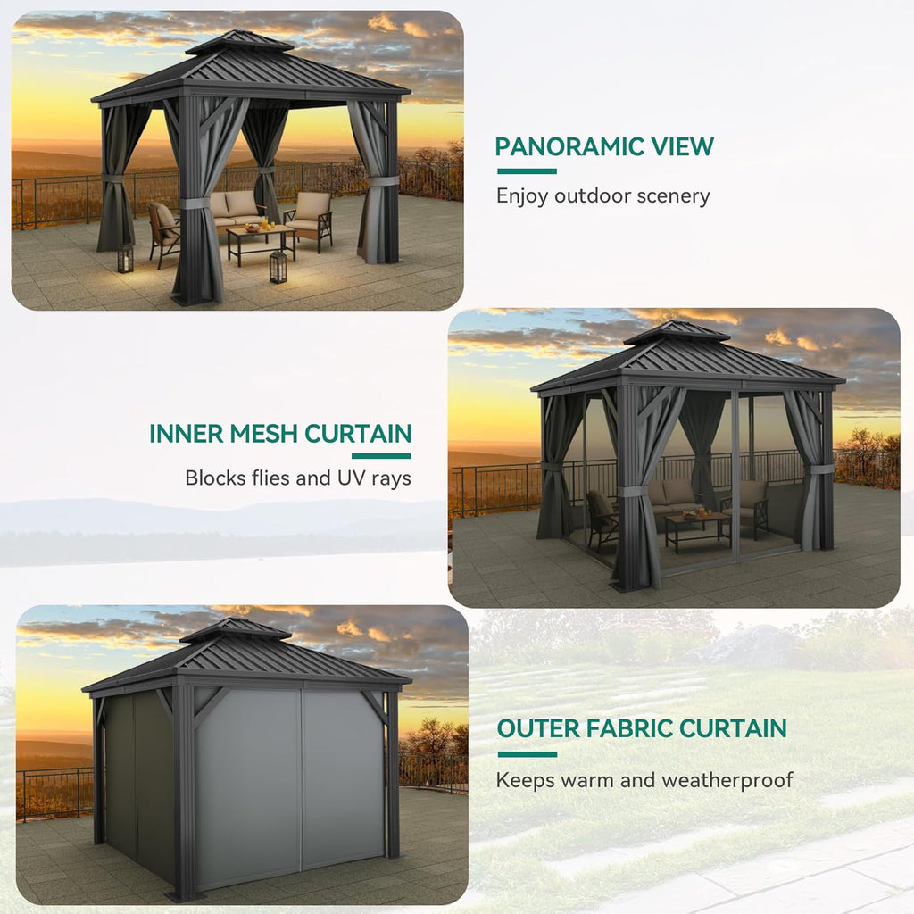 10x10ft Hardtop Gazebo with Nettings and Curtains