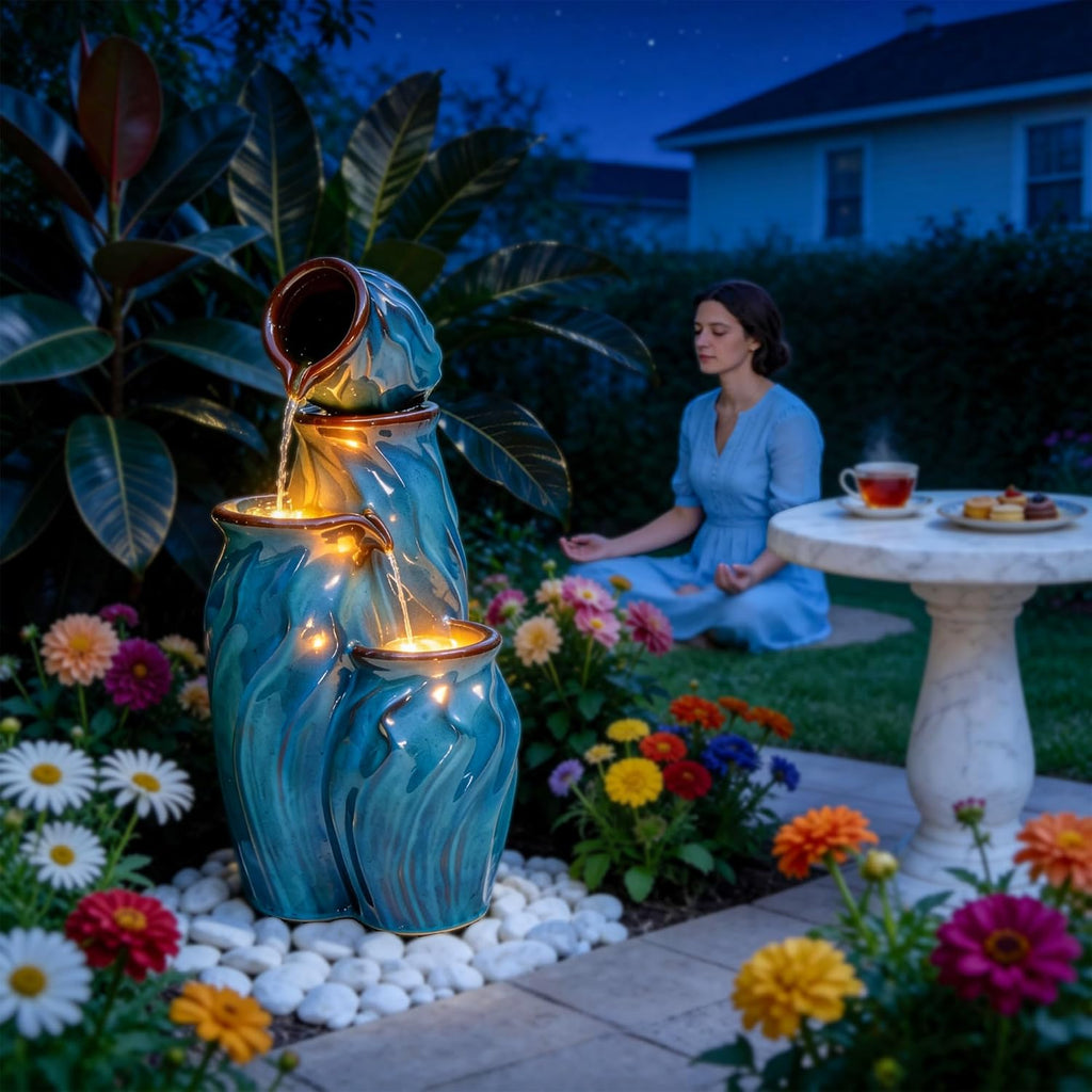 29" Outdoor Water Fountain, Ceramic Outdoor Fountain, Stacked 4-Tier Pots Waterfalls Decor, Creating Relaxing Serene
