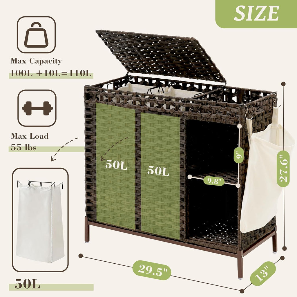 Laundry Hamper with Lid, 110L (29.1 Gal) Rattan Laundry Hamper 2 Section with 50L (13.2 Gal) Storage Shelf, Wicker