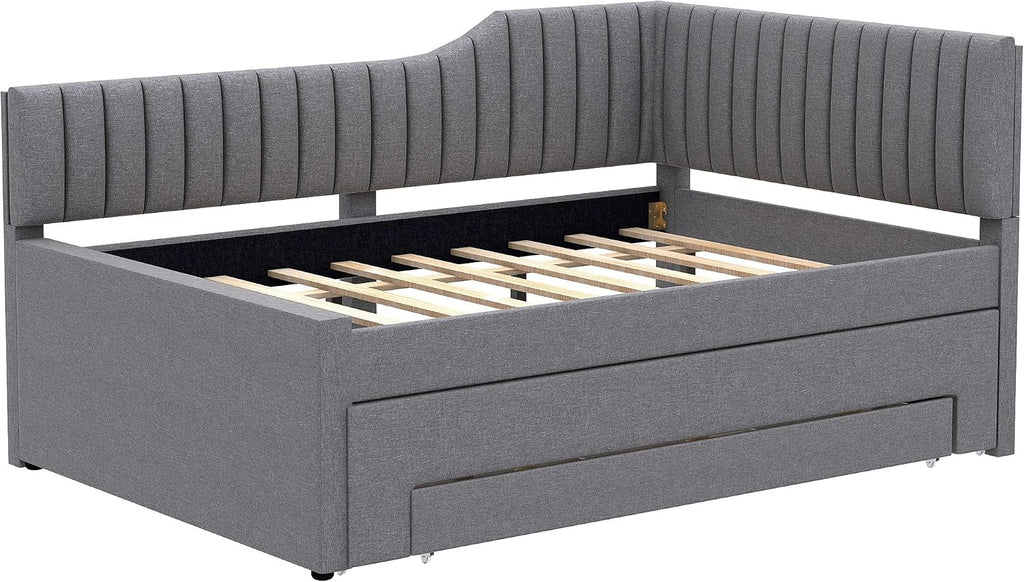 Full Size Daybed with Pull Out Trundle and Three Storage Drawers, Linen Upholstered Day Bed Frame with Wood Slats