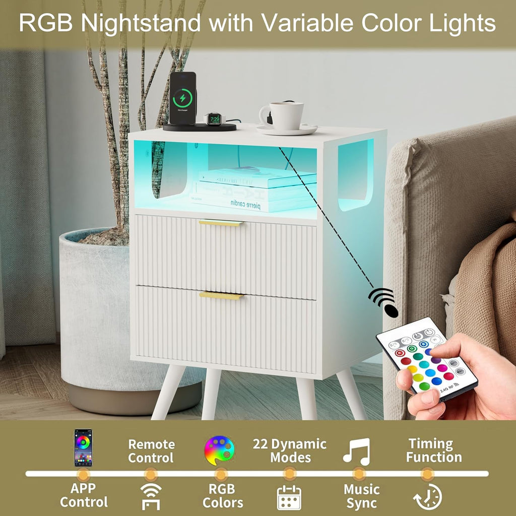 White Nightstand with Charging Station and LED Lights,Modern Bedside Table with 2 Storage Drawer and Open Wood Shelf