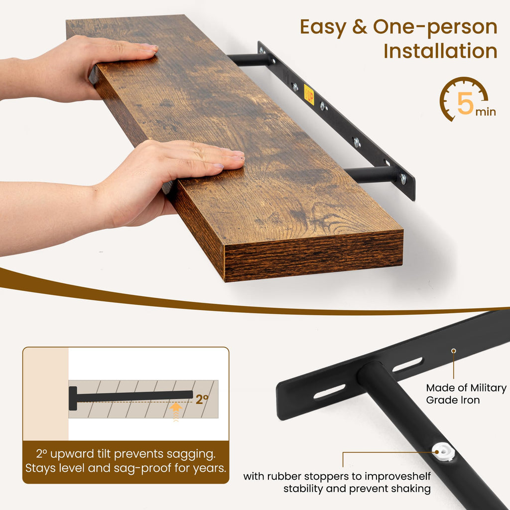 72Inch Floating Shelves for Wall, Rustic Wooden Storage Shelf, Farmhouse, Wall Mounted Display Shelving with