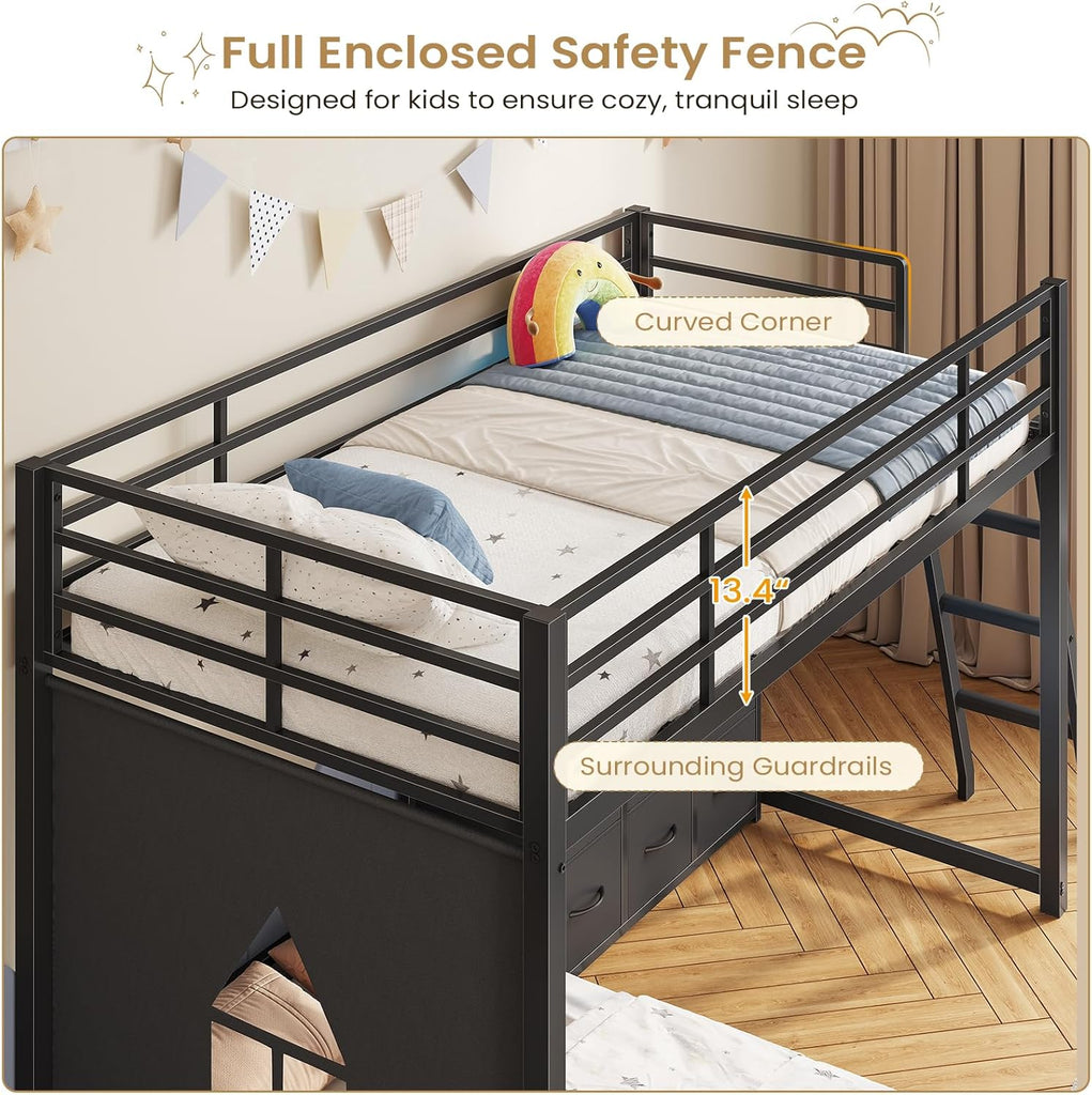 Low Bunk Bed Twin Over Twin with 9 Storage Drawers, L-Shaped Twin Bunk Beds with LED Lights & Play Area