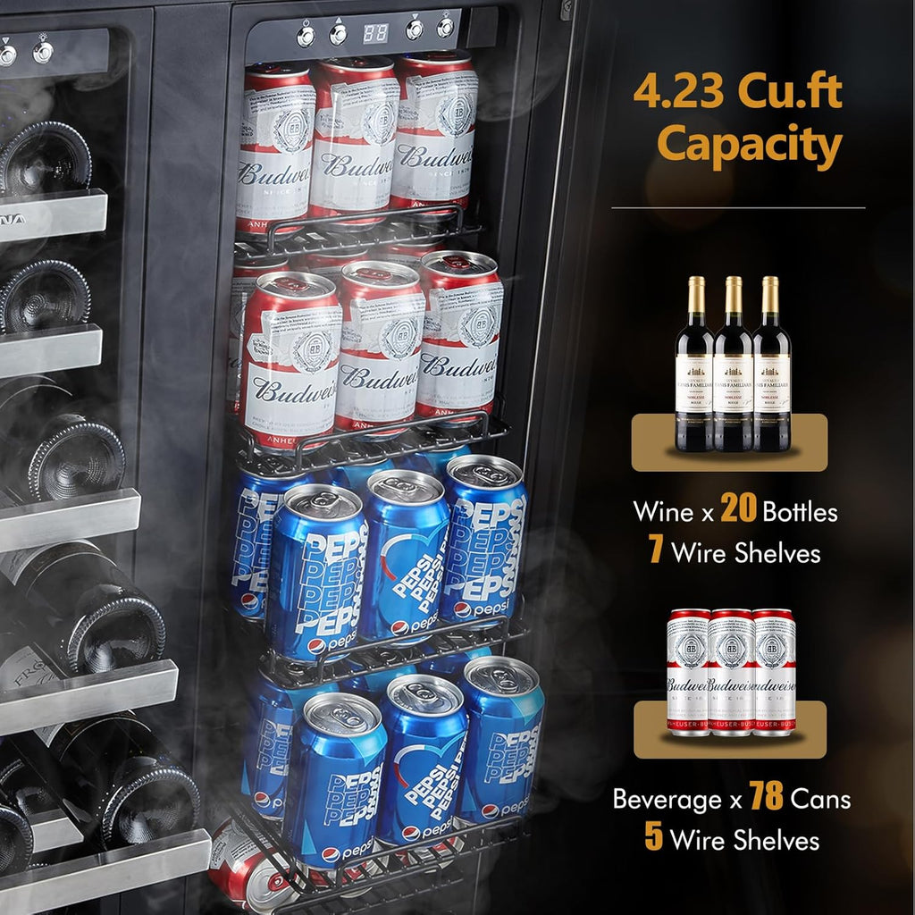 Wine and Beverage Refrigerator, 24’’ Wine Cooler- 20 Bottles&78 Cans, Built