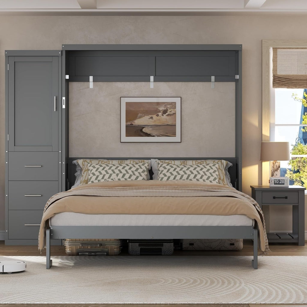 Queen Murphy Bed with Storage Wardrobe and Drawers,Solid Wood Farmhouse Murphy Wall Bed Cabinet with Drawers for Bedroom Office Guest Room,Foldable (Gray,Queen)