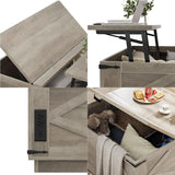 Farmhouse Lift Top Coffee Table, Square Wood Center Table with LED Lighting, USB-C Charging Station