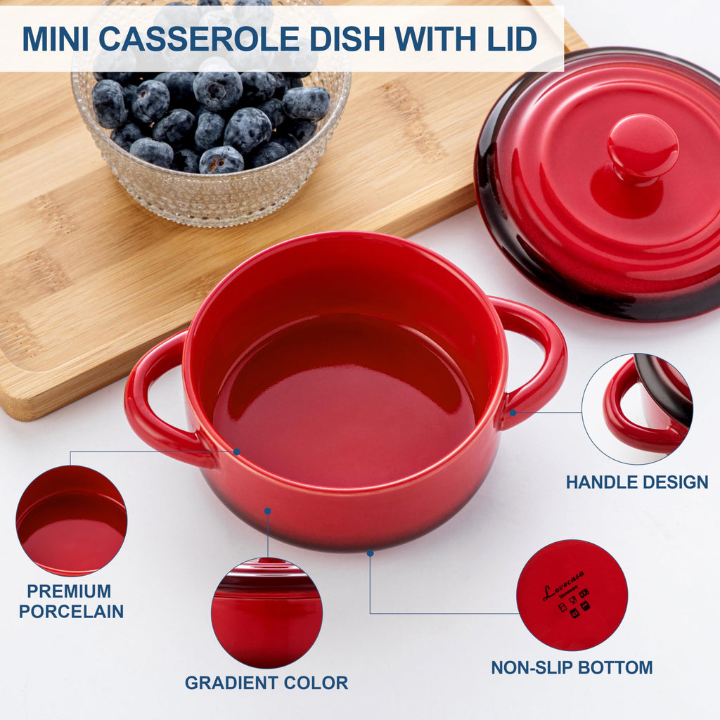 Mini Cocotte Set, 12 OZ Small Casserole Dishes with Lids, Soup Bowls With Handles, Individual Baking Ramekins, Oven