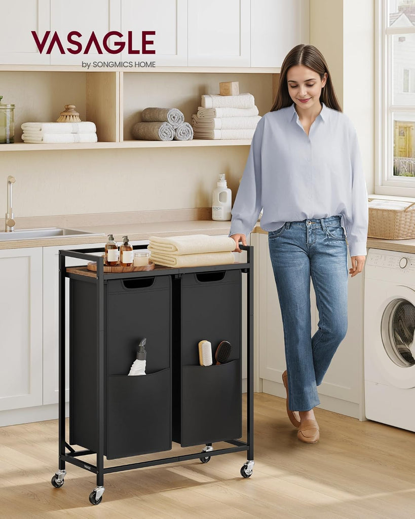 Laundry Sorter, 29 Gal. (110 L) Laundry Hamper Basket with 2 Compartments, Rolling Cart with Wheels, Shelf, Removable