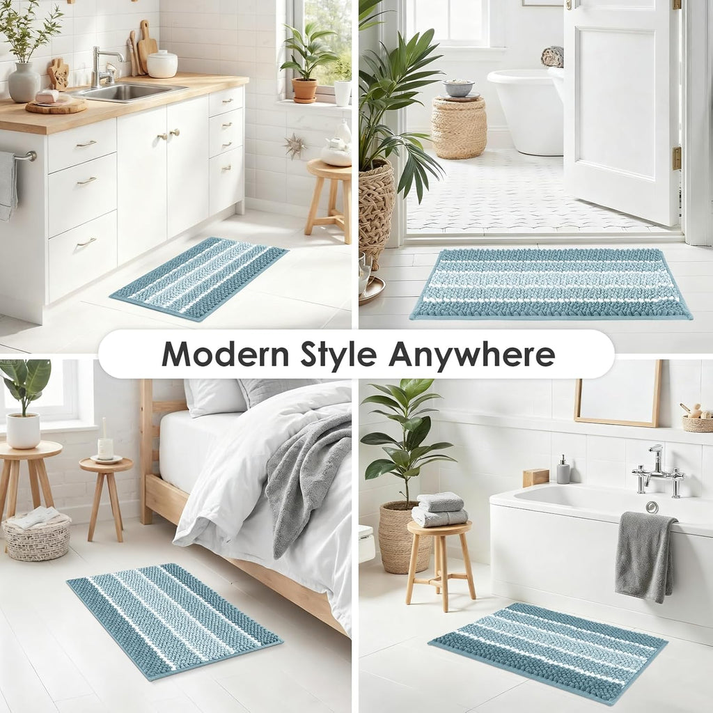 Chenille Bathroom Rugs 3 Pieces, Blue, 17"×24", 20"×32", 20"×24" | Extra Thick Absorbent Non-Slip Bath Mats with