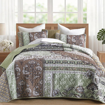 Patchwork Quilt Bedding Set, Boho Bedspread, Brown Green