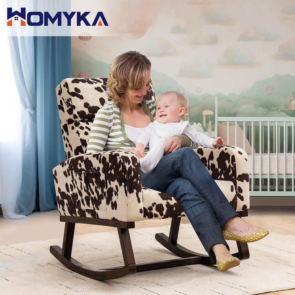 Nursery Rocking Chairs, Cow Printed Fabric Glider Chair Nursery Chair for Mom with High Backrest, Side Pocket and