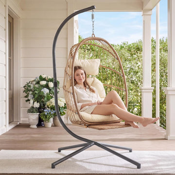 Hanging Egg Chair with Stand and Footrest for Indoor Outdoor, Beige | Hammock Egg Chairs with Footrest and UV