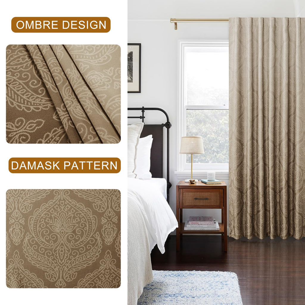 Damask Pattern Curtains 102 Inches, 2 Panels, Taupe