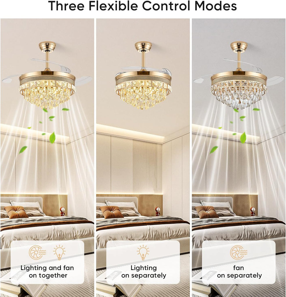 48 Inch Chandelier Ceiling Fans with Lights, Retractable Ceiling Fan with Lights, Crystal Fandelier Ceiling Fan