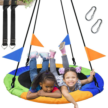 40 Inch Saucer Tree Swing Flying 600lb Weight Capacity 2 Added Hanging Straps Adjustable Multi-Strand Ropes Colorful