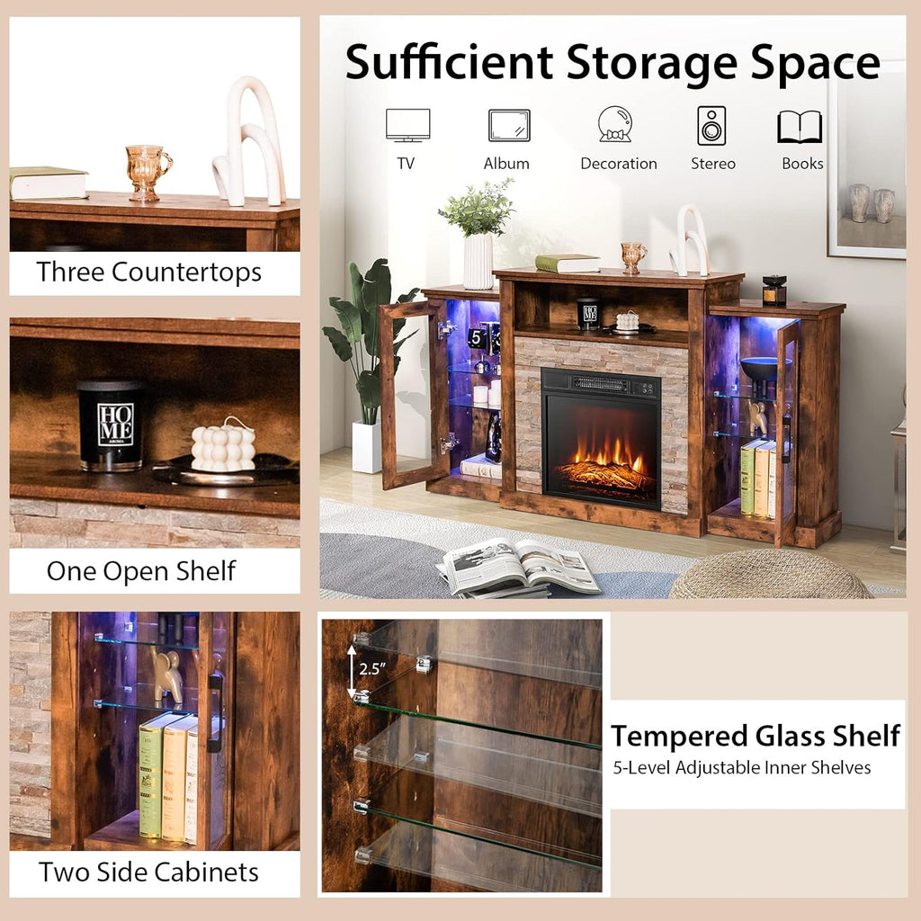 Electric Fireplace TV Stand, Electric Fireplace Mantel with 16-Color Led Lights, Adjustable Glass Shelves