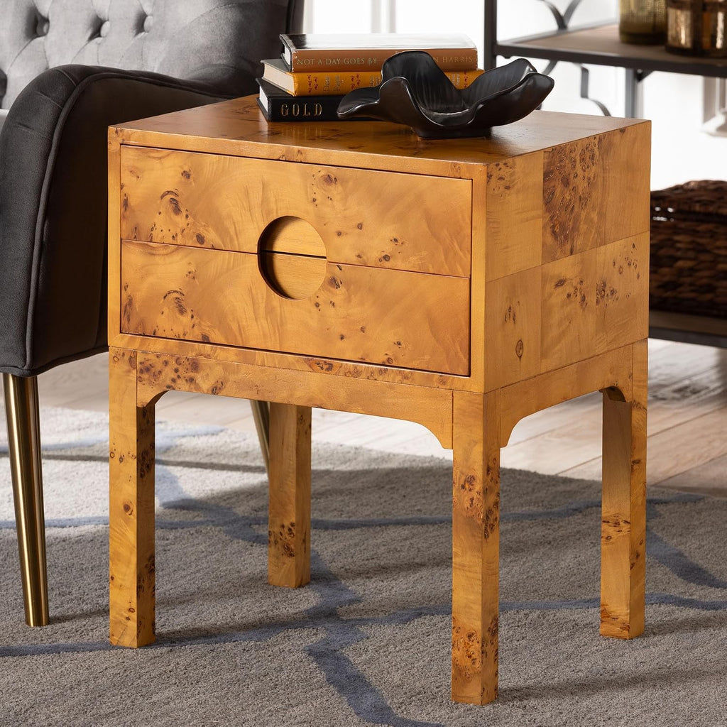 Kayla Modern and Contemporary Real Mappa Burl Wood 2-Drawer Nightstand
