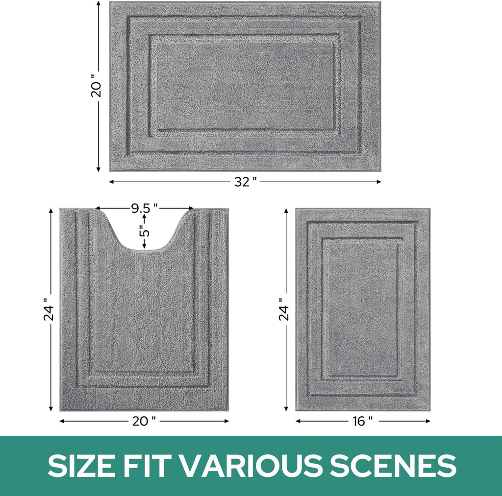 Bathroom Rugs Sets 3 Piece, Super Soft and Absorbent Non Slip Microfiber Toilet Bath Mat with U-Shaped (Grey)