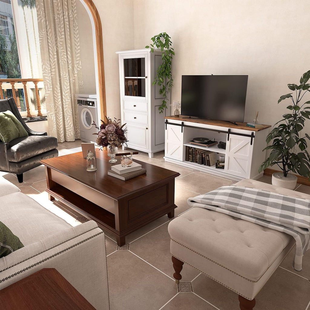 TV Stand for 65 Inch TV, Sliding Barn Doors, Bright White | Farmhouse Entertainment Center, Storage Cabinets