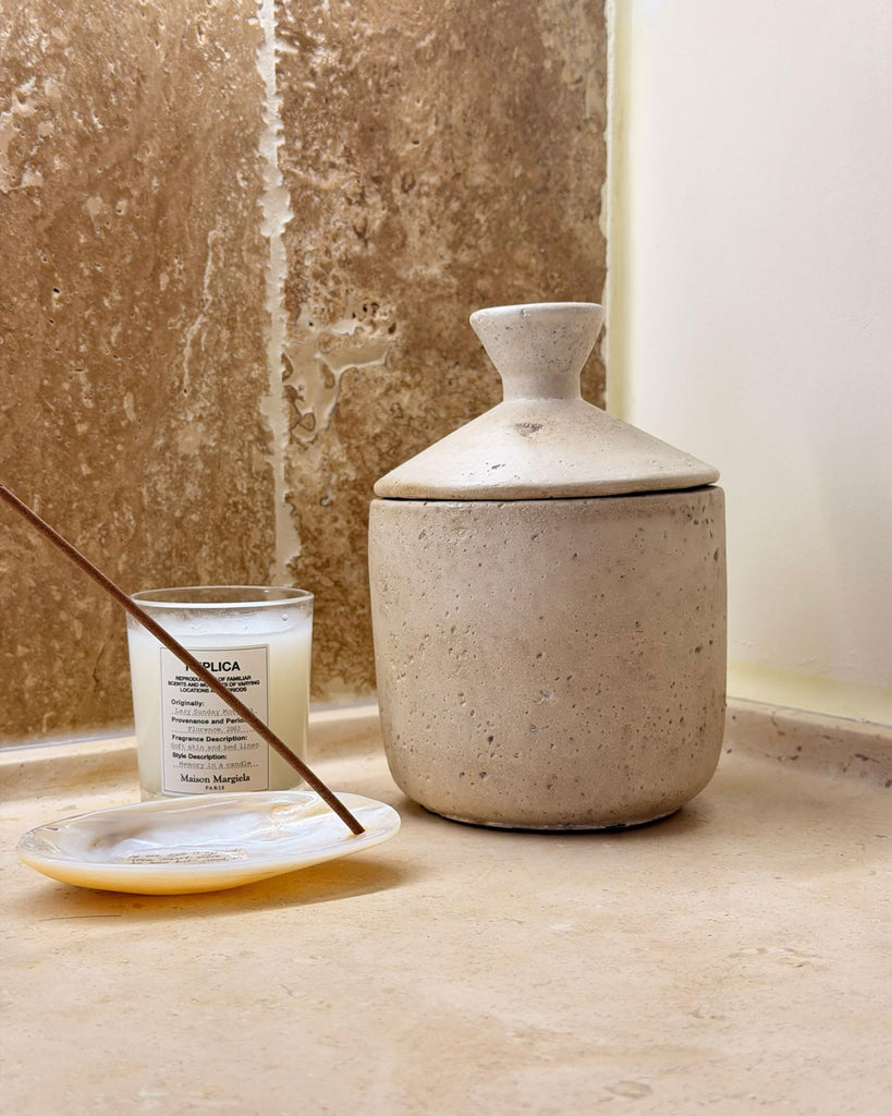 Travertine Stone Inspired Decorative Storage Jar with Lid, Beige Textured Wabi Sabi Storage Container, Vintage Mid