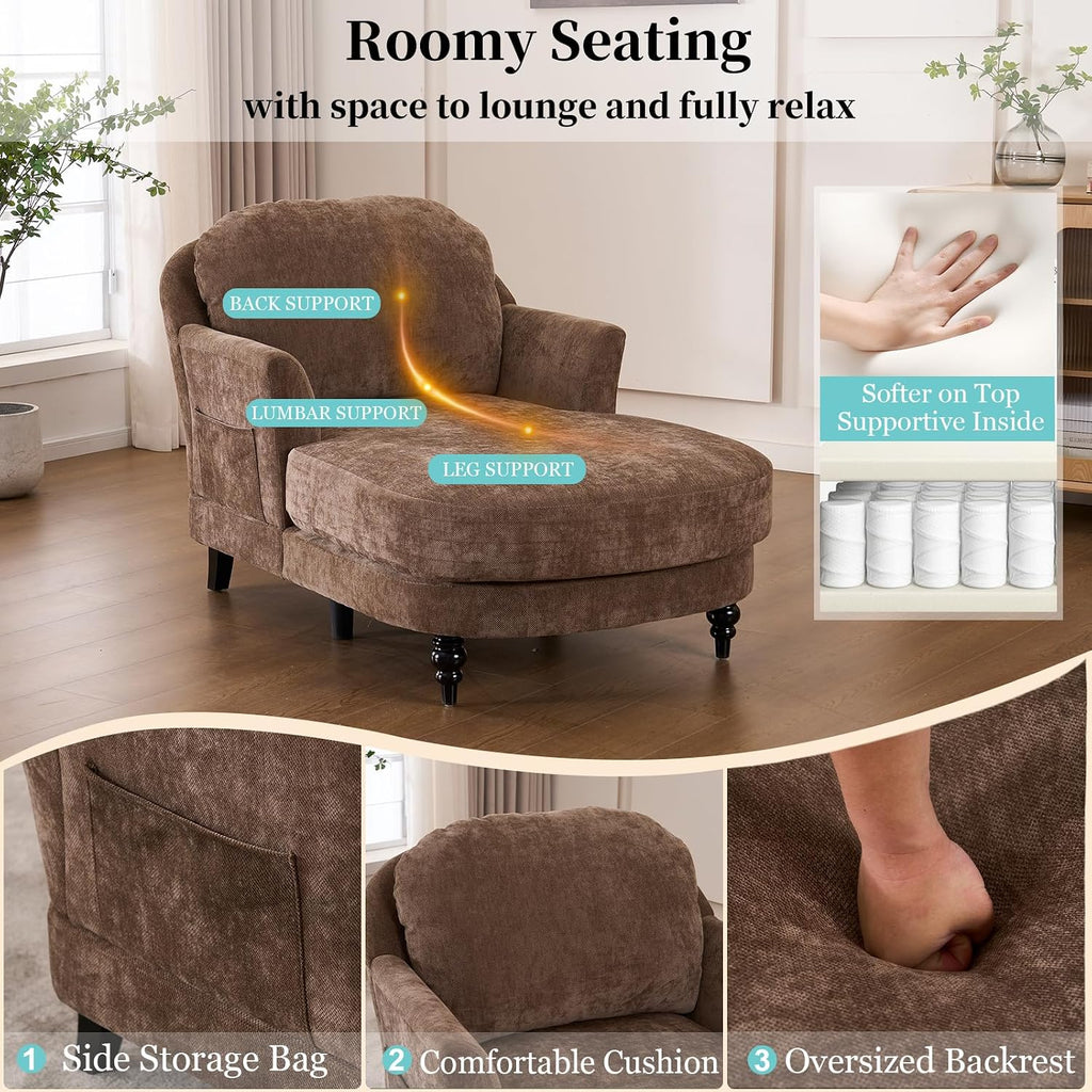 59.8" Chaise Lounge Chair Indoor, Oversized Reading Chair Bed, Brown | Comfy Single Reading Chairs, Modern