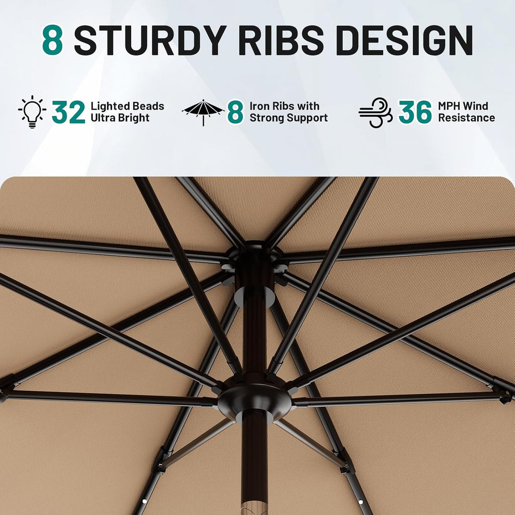 9FT Patio Umbrella with Solar Lights, 32 Lighted Pool Umbrella w/Tilt and Crank