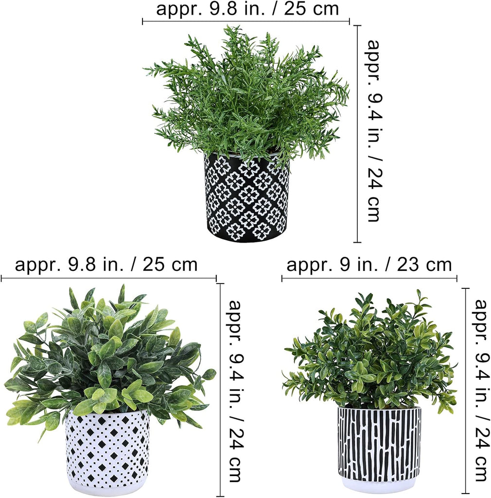 3-Pack Artificial Potted Plants - Faux Eucalyptus, Rosemary, Boxwood Greenery in Small Black & White Geometric