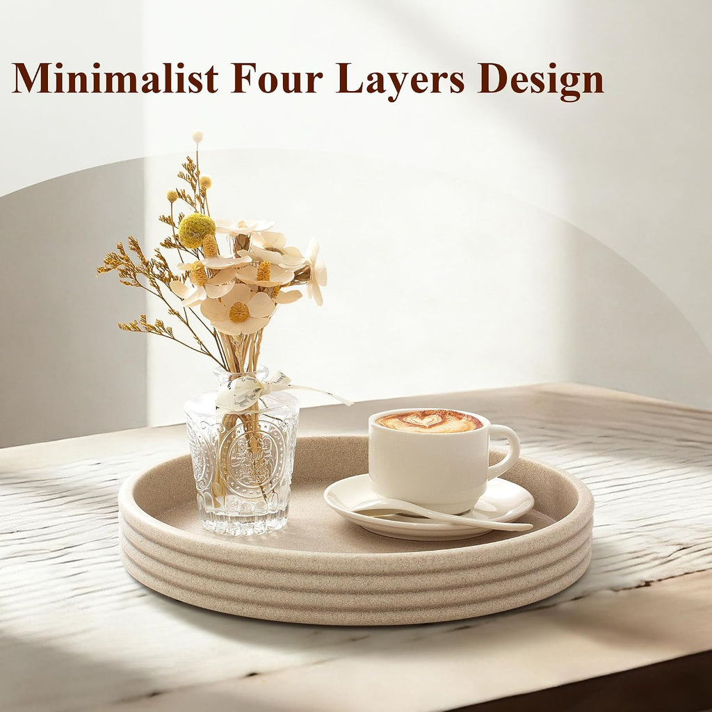 Round Decorative Tray, Modern Coffee Table Tray Decor 11" Resin Beige Tray | 4-Layer Ring Design Home Decor .