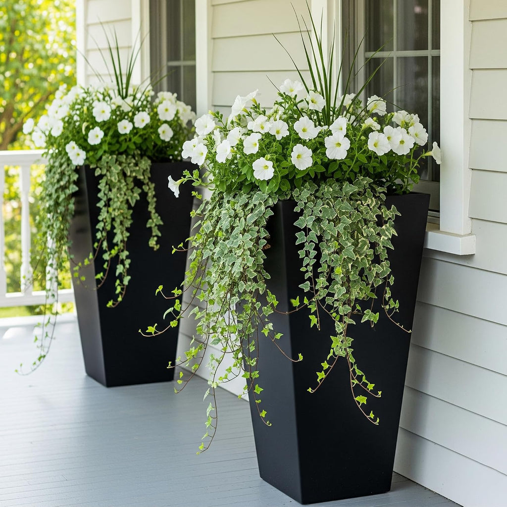 Large 28 in.Tall Planters Set of 2 for Indoor and Outdoor, Heavy Duty Plastic Black Modern Taper Flower Plant Pots
