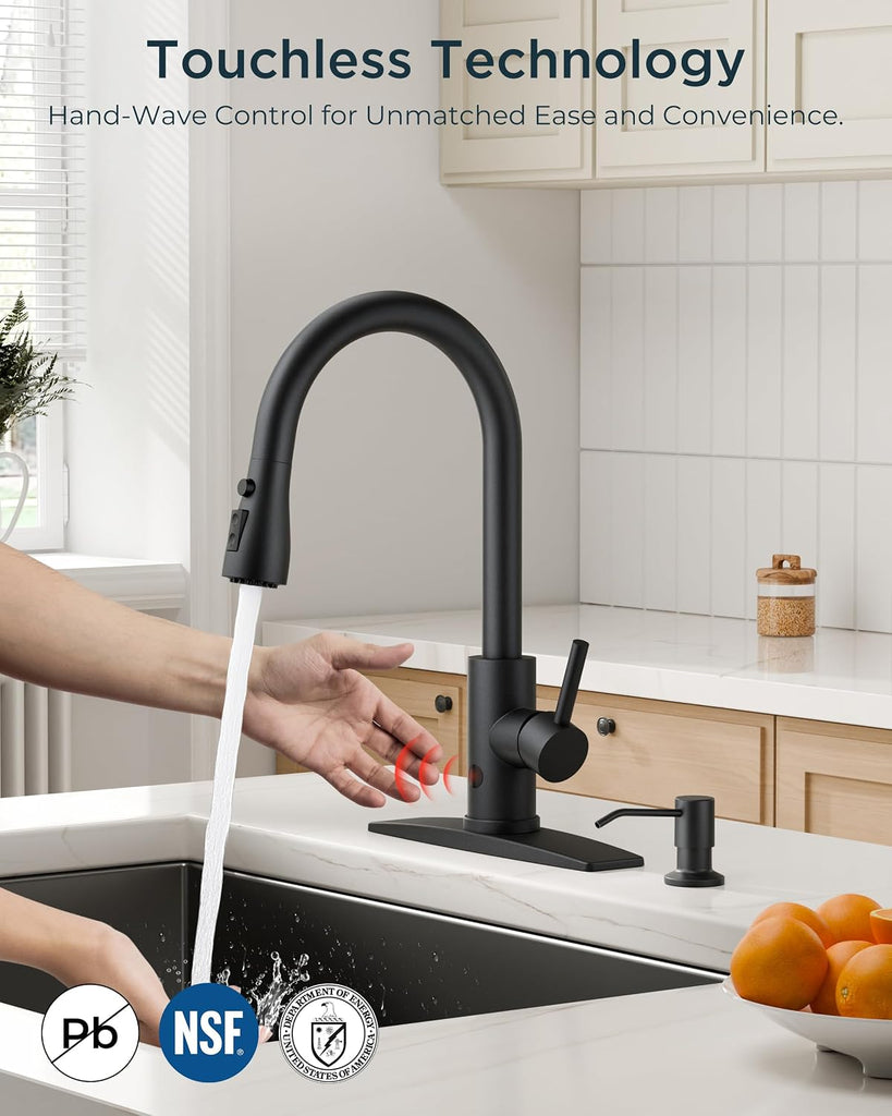 Black Touchless Kitchen Faucet with Soap Dispenser, Hands-Free