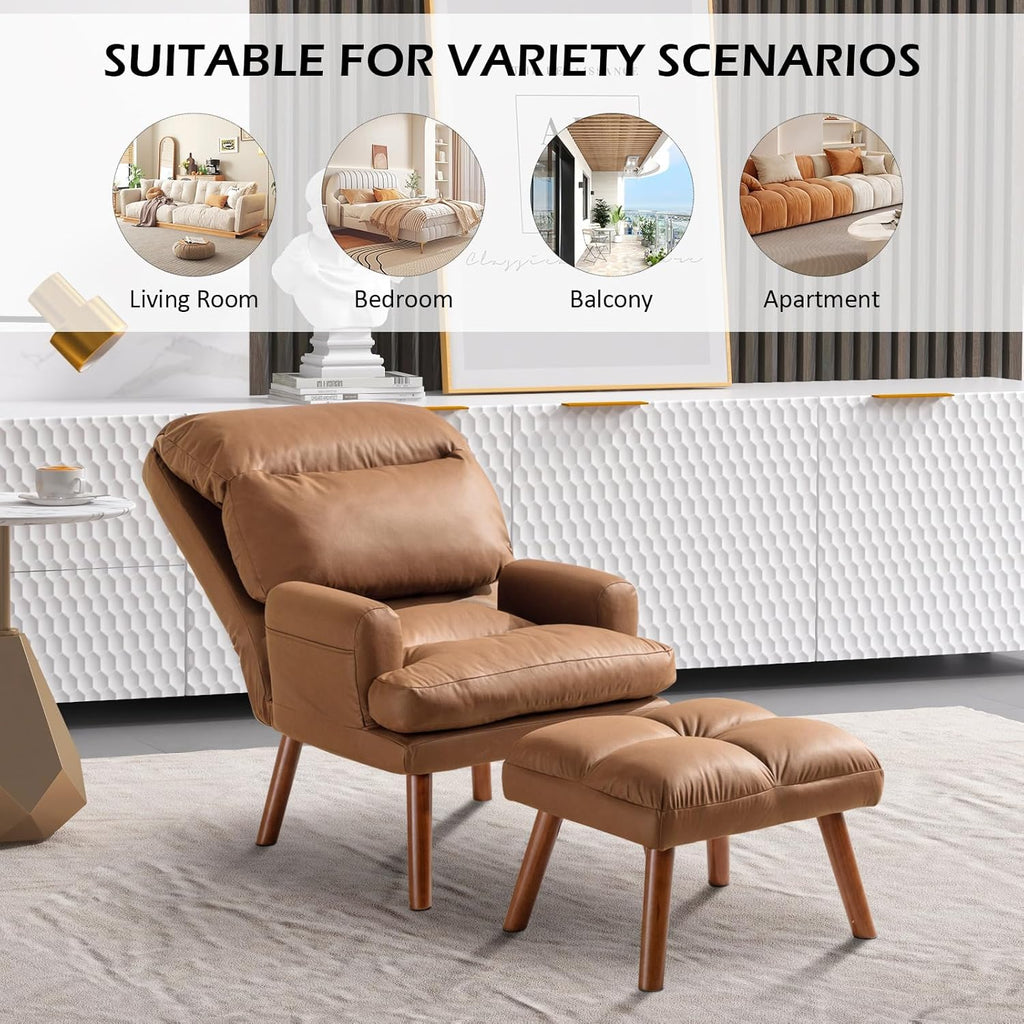 Modern Accent Chair with Ottoman, Soft Fabric Armchair with Adjustable Backrest and Side Pockets, Comfy Lounge Chair