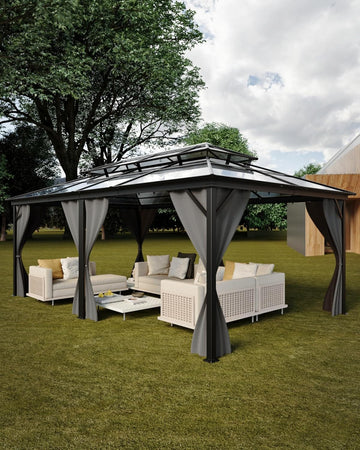 Hardtop Gazebo 12 ft x20 ft for All Weather, Double Polycarbonate Sheets Roof, Aluminum Alloy Frame, Net