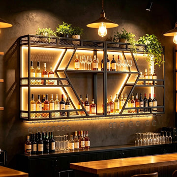 79 Inch Wine Rack Wall Mounted with LED Warm Light, 3-Tier Large Capacity Liquor Shelf with Glass Holder, Industrial