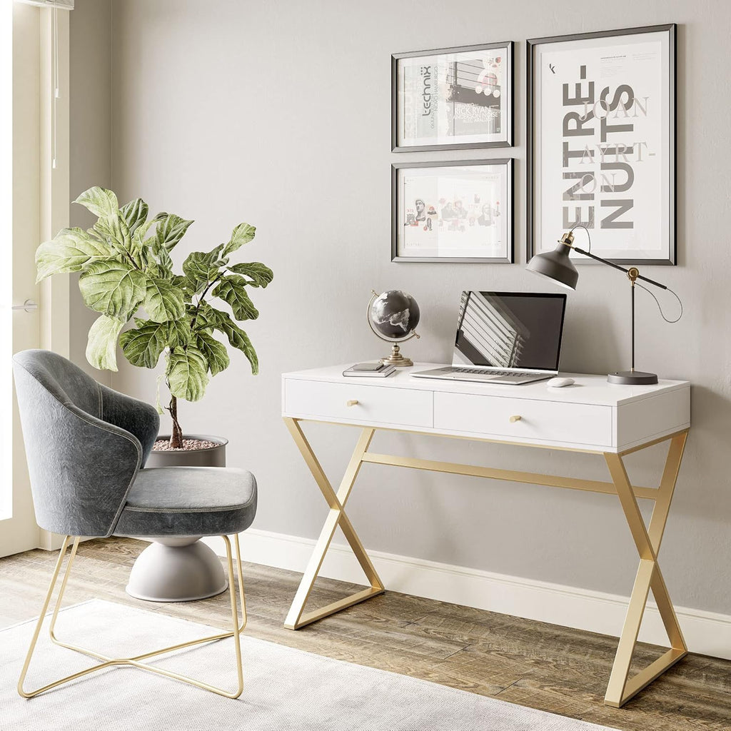 Modern 42 Inch Makeup Vanity Dressing Table or Home Office Computer Laptop Writing Desk with Two Storage Drawers