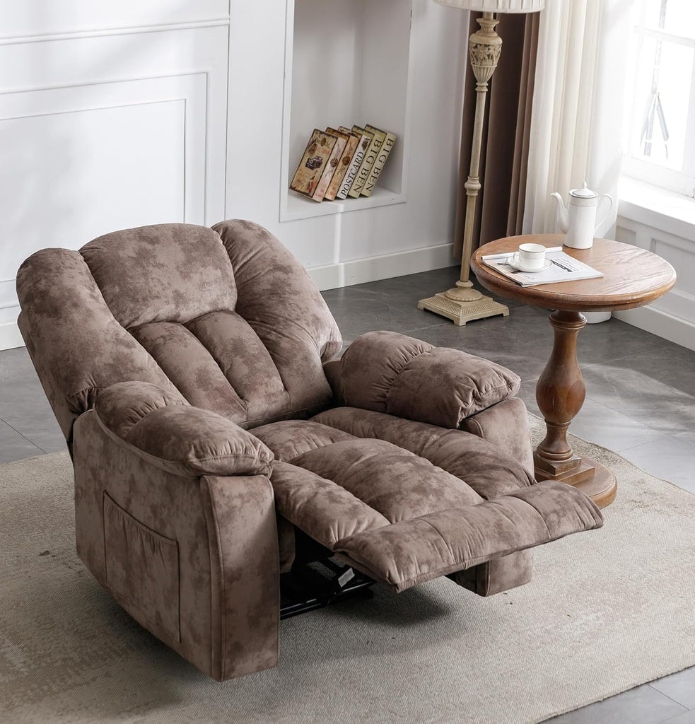 Manual Reclining Chair-Overstuffed Recliner Chair with Cup Holder Side Pocket Footrest Fabric Recliners Bedroom