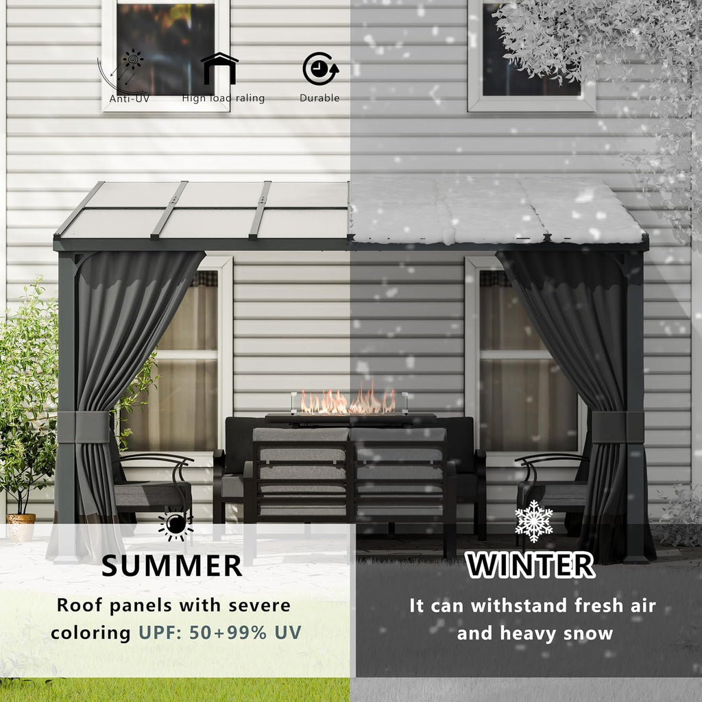 10x12FT Gazebo, Hardtop Wall Mounted Gazebo with Sloping Sun Panel Roof, Awnings with Metal Frame, Double Curtains Sand