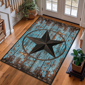 Western Area Rug,Rustic Barn Texas Star on Old Wooden Plank,Ultra-Thin Washable Throw Carpet Teal Rugs Indoor