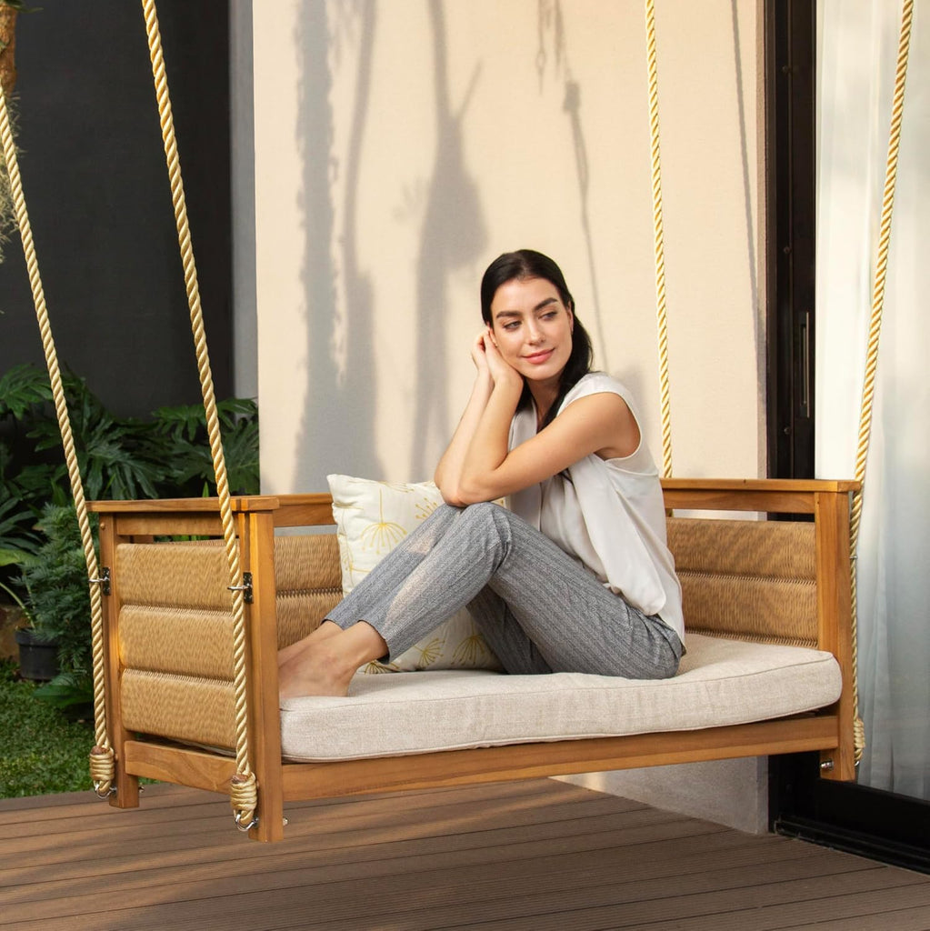 Blaine Teak Porch Swing with Tan Cushion - 2 Seater