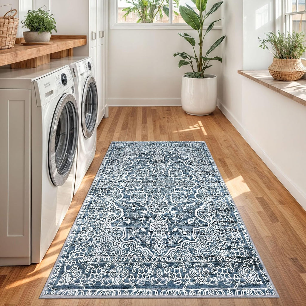 3x5 Entryway Rug Non-Slip Washable Area Rugs, Vintage Floral Kitchen Rugs Blue White, Ultra Soft Pri