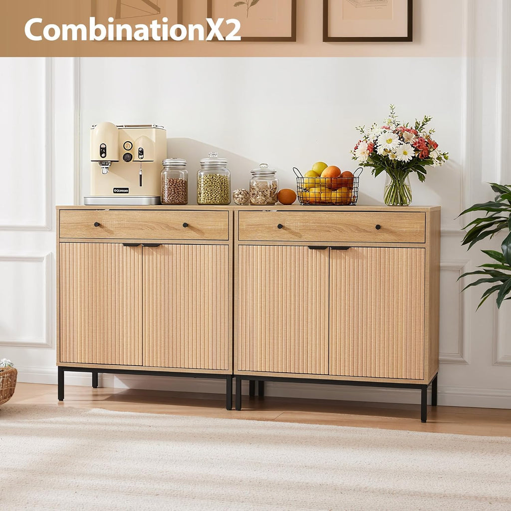 31 inch Sideboard Buffet Cabinet with Drawer, Modern Fluted Credenza with 2 Doors & Adjustable Shelf